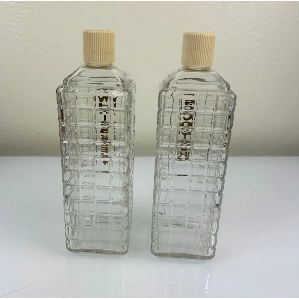 Vintage MCM Mid-Century KAROFF Whiskey & Scotch Clear Glass Barware Bottles